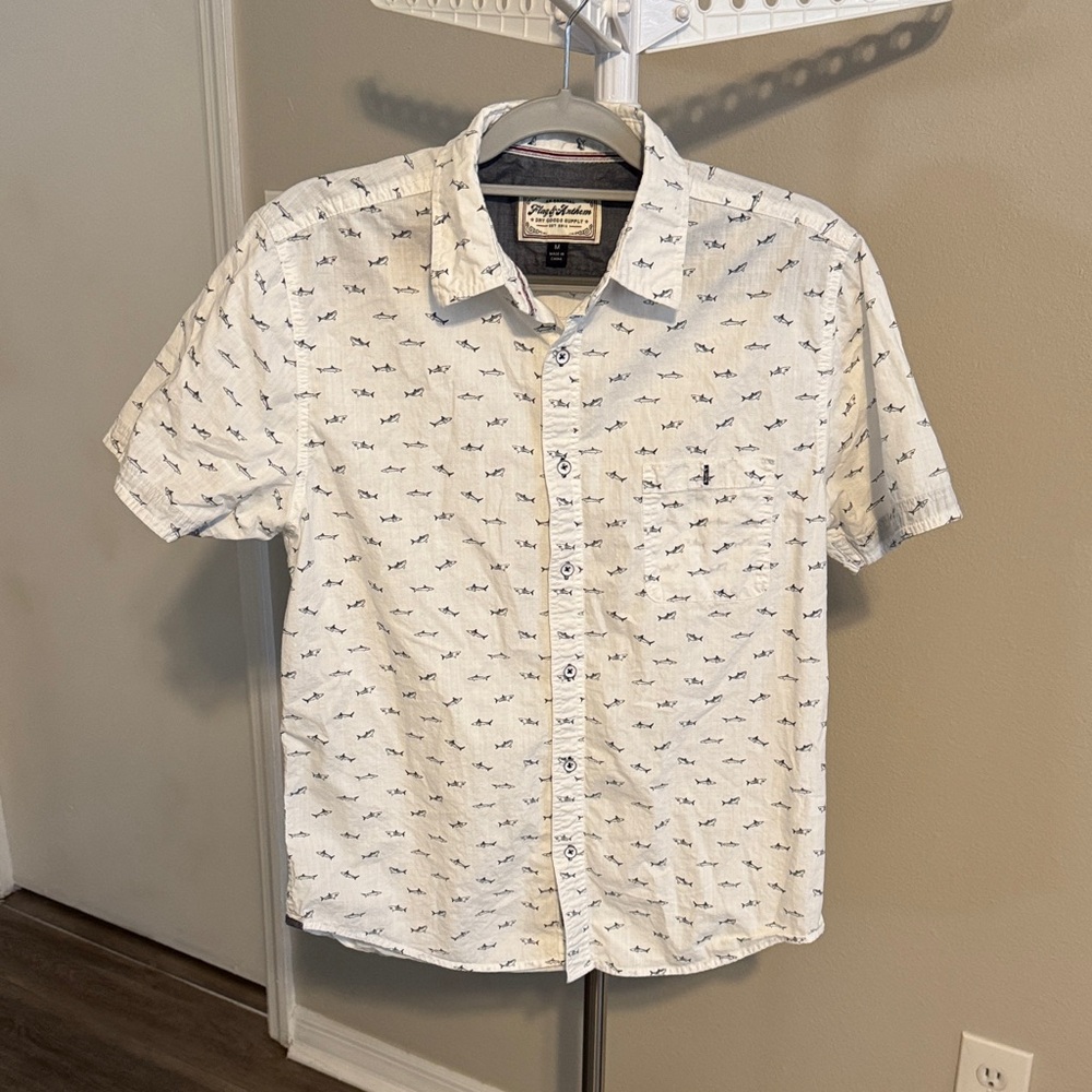 Men's Short-Sleeve White Button-Down Shirt with Navy Micro Print